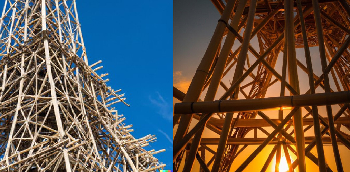 AI generated image of the Eiffel Tower made out of bamboo
