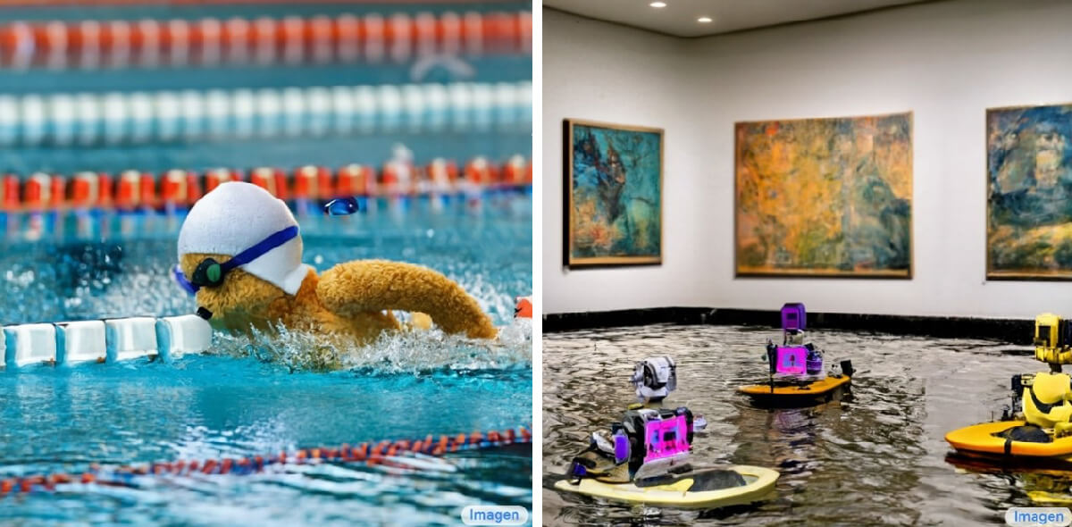 AI generated images of a teddy bear lane swimming and robots kayaking in an art gallery