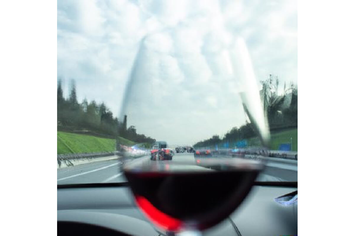 AI generated image of the road ahead whilst driving, taken through a glass of red wine